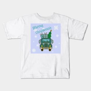 Greeting card with lettering front of blue Santa’s truck, presents and Christmas tree Kids T-Shirt